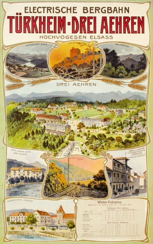 Plakat, das Bergbahn, Deutschland als elektrisches Stadt promotes, mit Bildern von Gebäuden, Bäumen, Hügeln und beschreibendem Text.