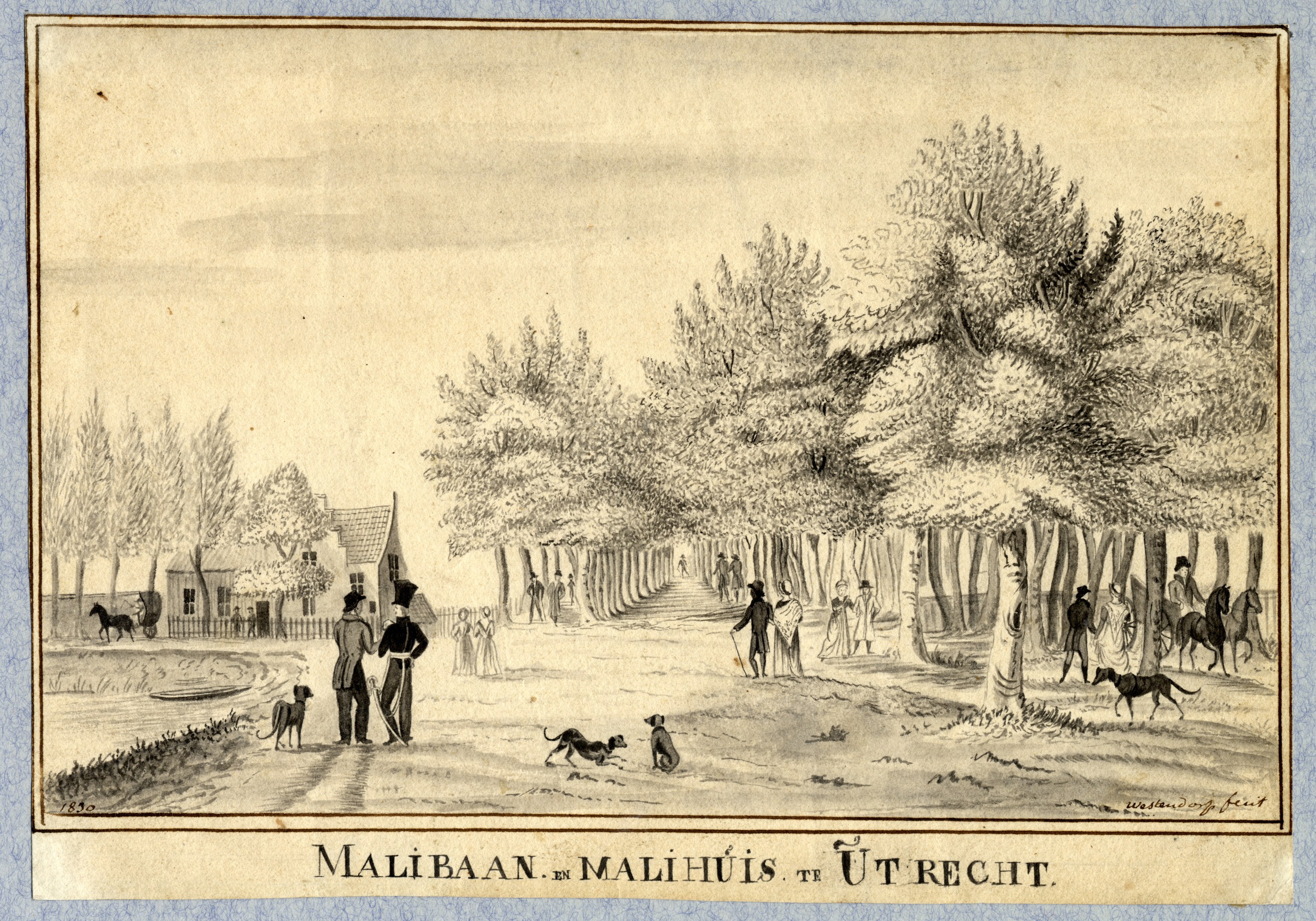 Eine Zeichnung eines Parks mit Menschen, die Hunde spazieren führen, umgeben von Bäumen und Häusern, mit Text unten.