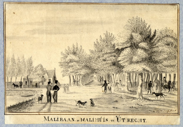 Eine Zeichnung eines Parks mit Menschen, die Hunde spazieren führen, umgeben von Bäumen und Häusern, mit Text unten.