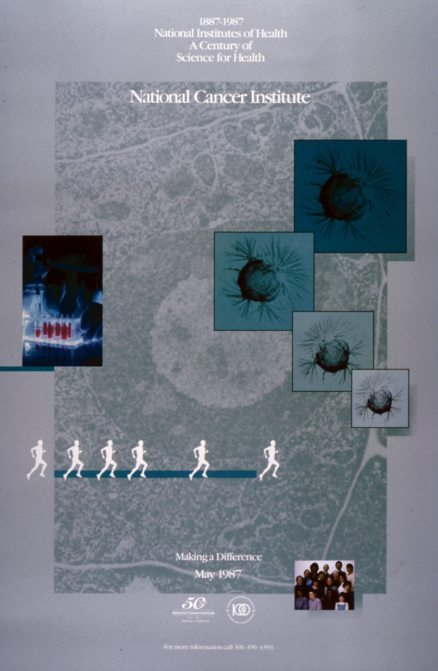 Ein buntes Plakat mit einem blauen Hintergrund und weißer Schrift, die in fetter, großer Schrift "National Cancer Institute" lautet, umgeben von einer kreisförmigen Anordnung von lächelnden Menschen verschiedenen Alters, Geschlechts und Ethnien.