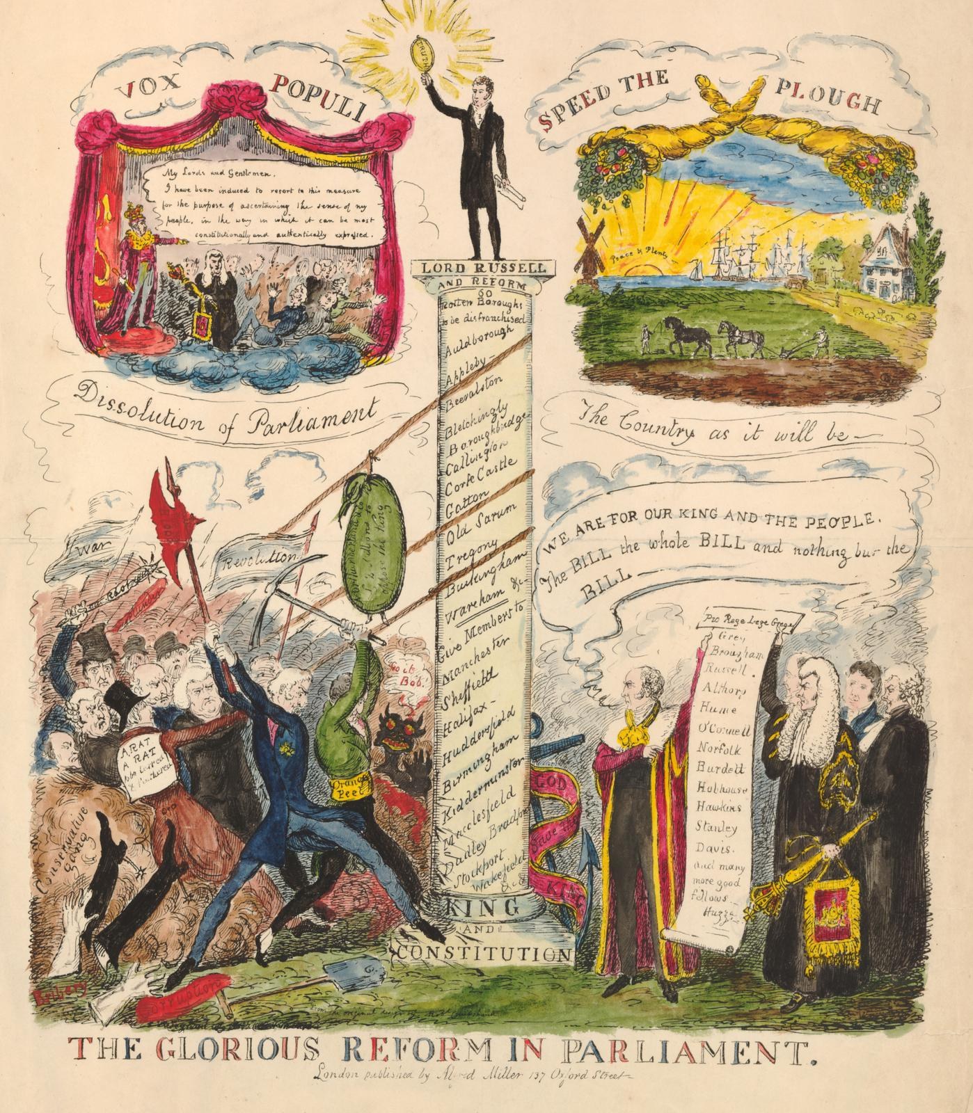 Eine farbenfrohe Papierreportage mit der Überschrift "Die glorreichen Reformen im Parlament", die mutige Schrift und diverse, strahlende Menschen zeigt und Hoffnung und Fortschritt symbolisiert.