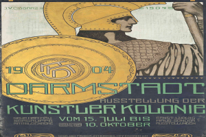 Ein Plakat, das ein Konzert in Berlin im Jahr 1904 ankündigt, zeigt eine Person in einem Helm, die einen Schild hält, mit 'Darmstadt' und 'Künstlerkolonie' in fetter Schrift.