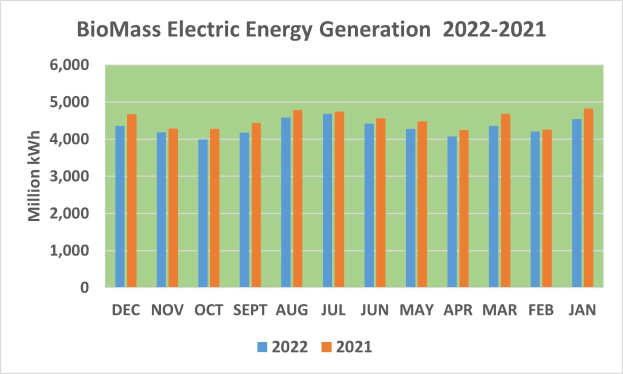 Graphik, die die Entwicklung der elektrischen Energieerzeugung aus Biomasse von 2021 bis 2022 zeigt, mit begleitendem erklärendem Text.