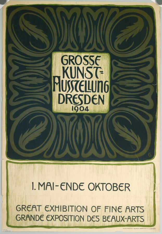 Plakat für die Große Kunstausstellung der Grand Exposition des Beaux-Arts in Dresden, Deutschland, 1904, mit auffälligem Text, der das Ereignis ankündigt.