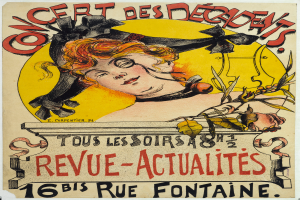 Ein Plakat, das ein Konzert der Decadents ankündigt, mit einem Porträt einer Frau und Texten über das Ereignis.