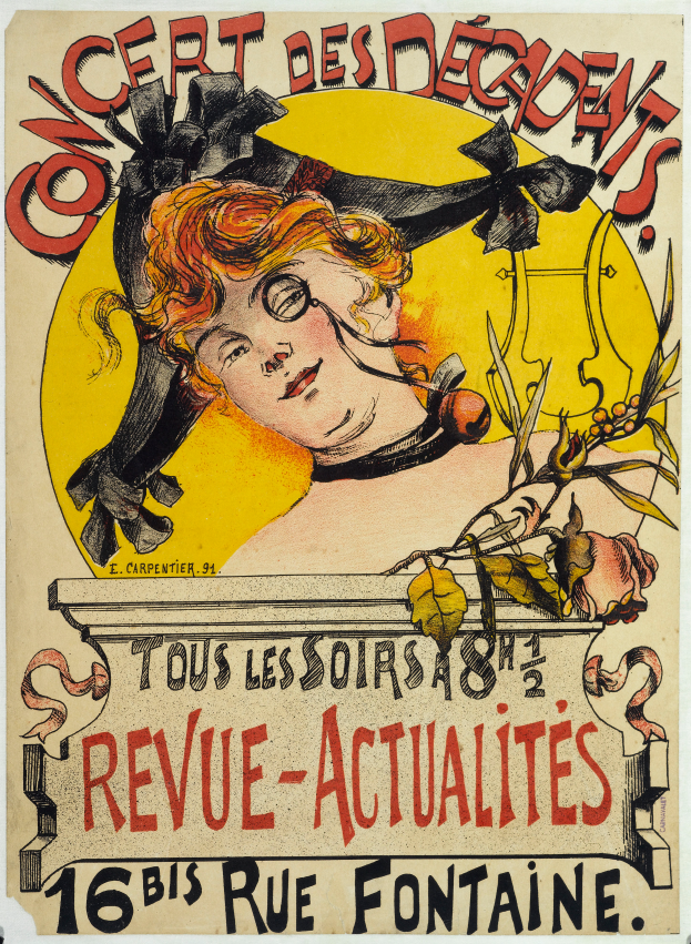 Ein Plakat, das ein Konzert der Decadents ankündigt, mit einem Porträt einer Frau und Texten über das Ereignis.