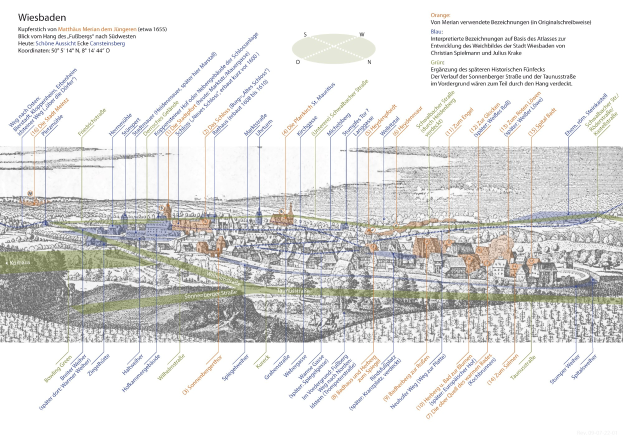 Eine Karte von Wiesbaden, Deutschland, mit historischem Text-Overlay, unter Verwendung von blau, grün und gelber Schattierung, um umliegende Städte und Ortschaften anzuzeigen.