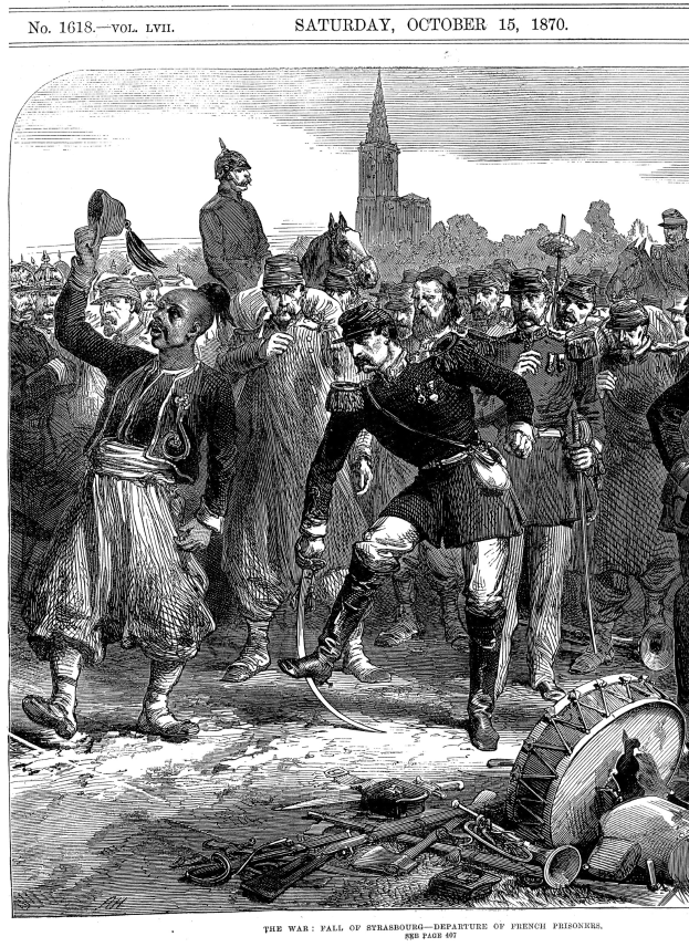 Schwarz-weißes historisches Illustration von einer besorgten Gruppe von Menschen vor einem hohen, beeindruckenden Gebäude während des Sachsen-Anhalt-Krieges am 15. Oktober 1870, mit einem orangefarbenen Sonnenuntergang.