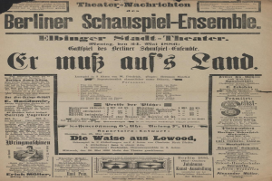 Eine alte Zeitungsanzeige aus dem Jahr 1866 für das Berliner Schauspiel-Ensemble, das einen Mann in Anzug und Krawatte zeigt.