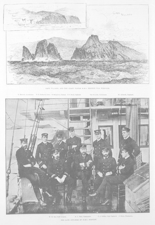 Gruppe von Männern in Mützen auf einem Boot sitzend mit scenischen Berg-, Wasser- und Himmelbildern oben und Text unten.