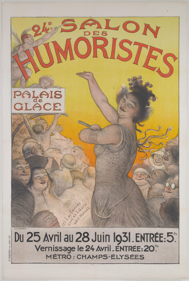 Plakat für den Salon des Humoristes in Paris mit einer Frau im Mittelpunkt, umgeben von einer Menge, und Event-Text.