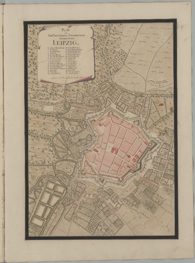 Altes Buch mit einer detaillierten Karte von Leipzig, Deutschland, das Straßen, Gebäude und Landmarken zeigt.
