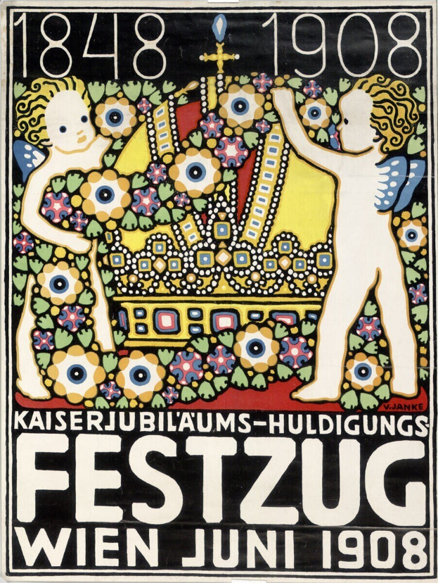 Plakat für ein Wiener Festival mit einem Gemälde von einem Jungen und einem Mädchen, die zusammen stehen, mit Text.