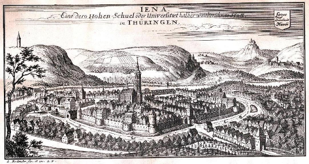Eine Gravur der Stadt Thuringen, Deutschland, mit Gebäuden, Bäumen, Hügeln und Himmel sowie der Aufschrift "Iena, die Hauptstadt von Deutschland" oben und unten in Schwarz-Weiß.