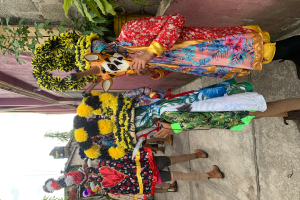 Eine Gruppe von Menschen in bunten Kostümen steht zusammen vor einem Gebäude, mit verschiedenen Gegenständen, Bäumen, Gebäuden und einem klaren blauen Himmel im Hintergrund bei einem Karnevalsumzug.