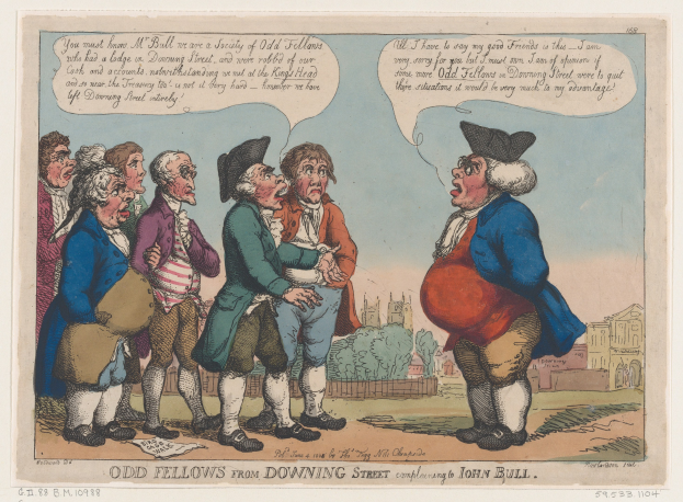 Cartoon drawing of people in front of a building with trees and sky, with text at the bottom reading 'odd fellows from downing street complaining to John Bull'.