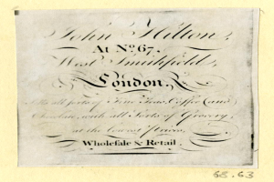 Ein Blatt mit dem Text "John Hilton, at No. 67, West Smithfield, London" darauf.