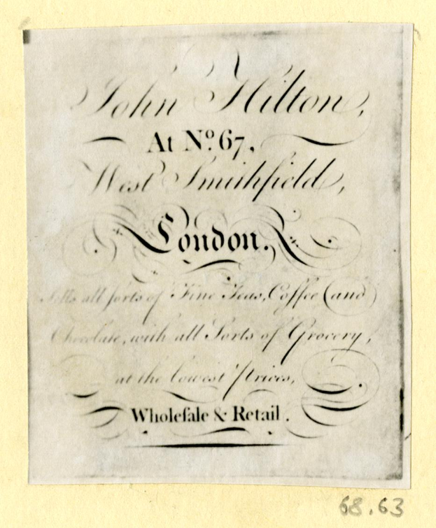 Ein Blatt mit dem Text "John Hilton, at No. 67, West Smithfield, London" darauf.
