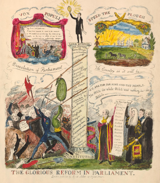 Eine farbenfrohe Papierillustration mit der Aufschrift "Die glorreichen Reformen im Parlament", die mutige Schrift und eine bunte, strahlende Menschenmenge zeigt, die Hoffnung und Fortschritt symbolisiert.
