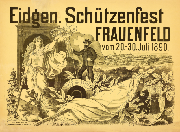 Plakat für das Eidgen Schützenfest in Frauenfeld, Deutschland, das einen Mann in einem Anzug und eine Frau in einem Kleid mit Veranstaltungdetails in Text zeigt.