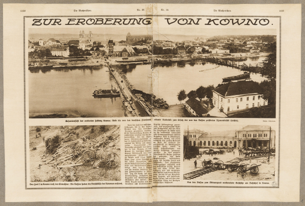 Alte Zeitung mit einem Bild einer Stadtansicht mit Gebäuden, Bäumen, Wasser, einer Brücke und Karren