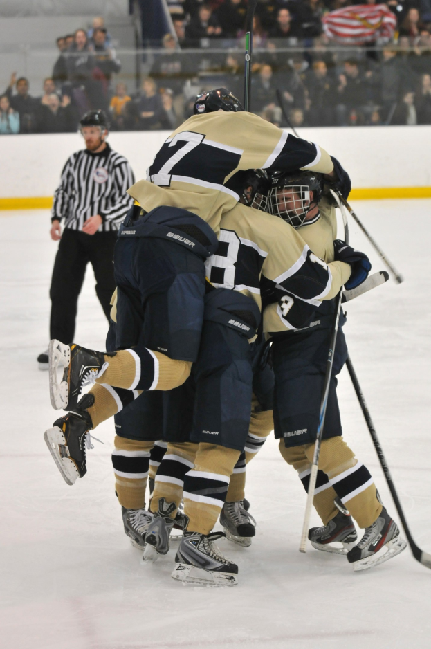 Gruppe von Eishockeyspielern in Uniform und Helmen auf dem Eis während eines Spiels, mit Zuschauern im Hintergrund.