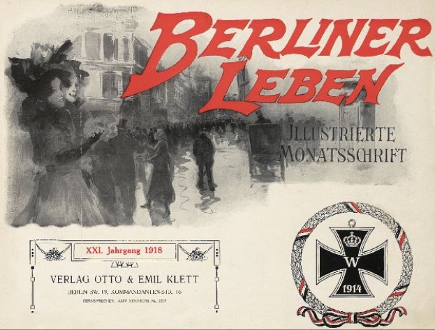 Alter Buchumschlag mit dem Text "Berliner Leben", einem militärisch anmutenden Logo und einem Bild einer feiernden Gruppe.