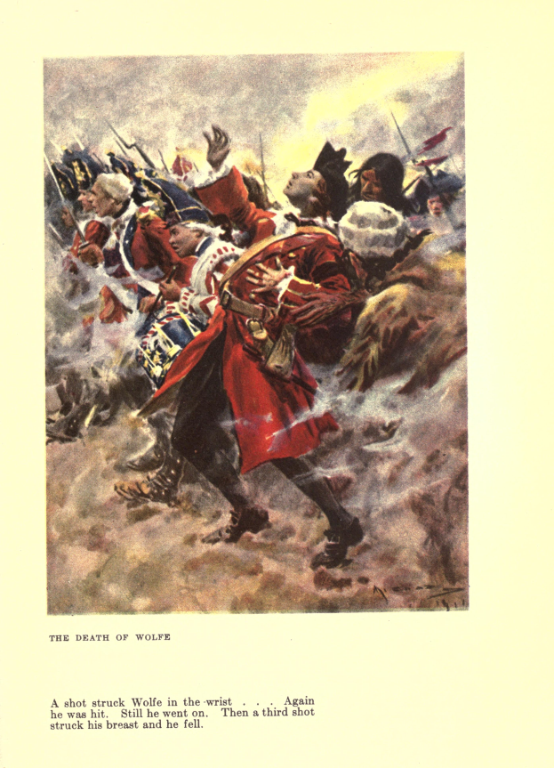 Ein Plakat zeigt eine Gruppe von Menschen in Not, einige schauen ängstlich nach oben, andere niedergeschlagen nach unten, unter dem Text "Der Tod von Wolfe", mit gedämpften Farben, die eine melancholische Stimmung schaffen.