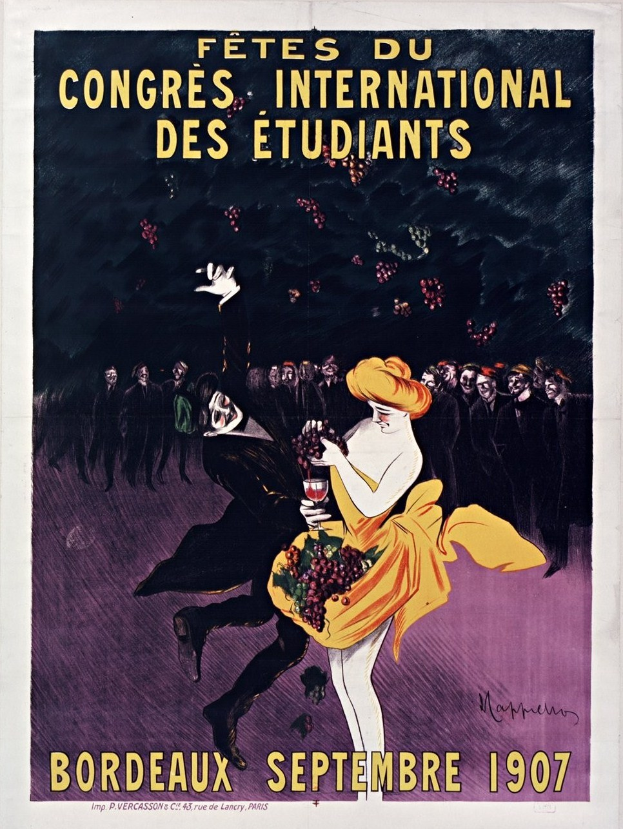 Plakat für ein Bordeaux-Weinprobe-Event im Jahr 1907 mit einer Frau in gelbem Kleid, die ein Weinglas hält, umgeben von einer Gruppe von Menschen, mit Eventdetails im Text.