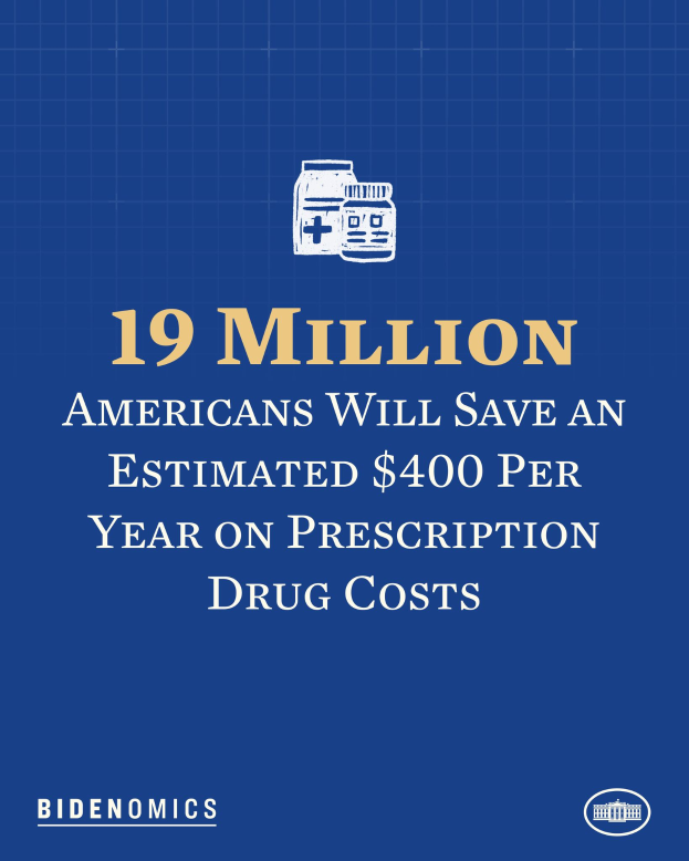 Ein blauer Hintergrund mit weißer Schrift und einem Logo, das "19 Millionen Amerikaner werden geschätzte 400 USD pro Jahr an Arzneikosten sparen" lautet.