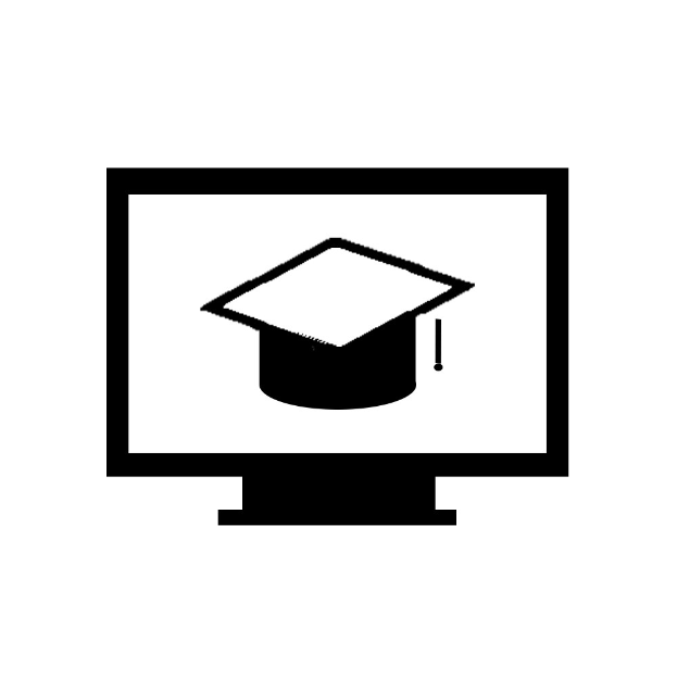 Ein Computerbildschirm mit einem schwarzen und weißen Abschlusshut-Icon, das die Online-Bildung darstellt.