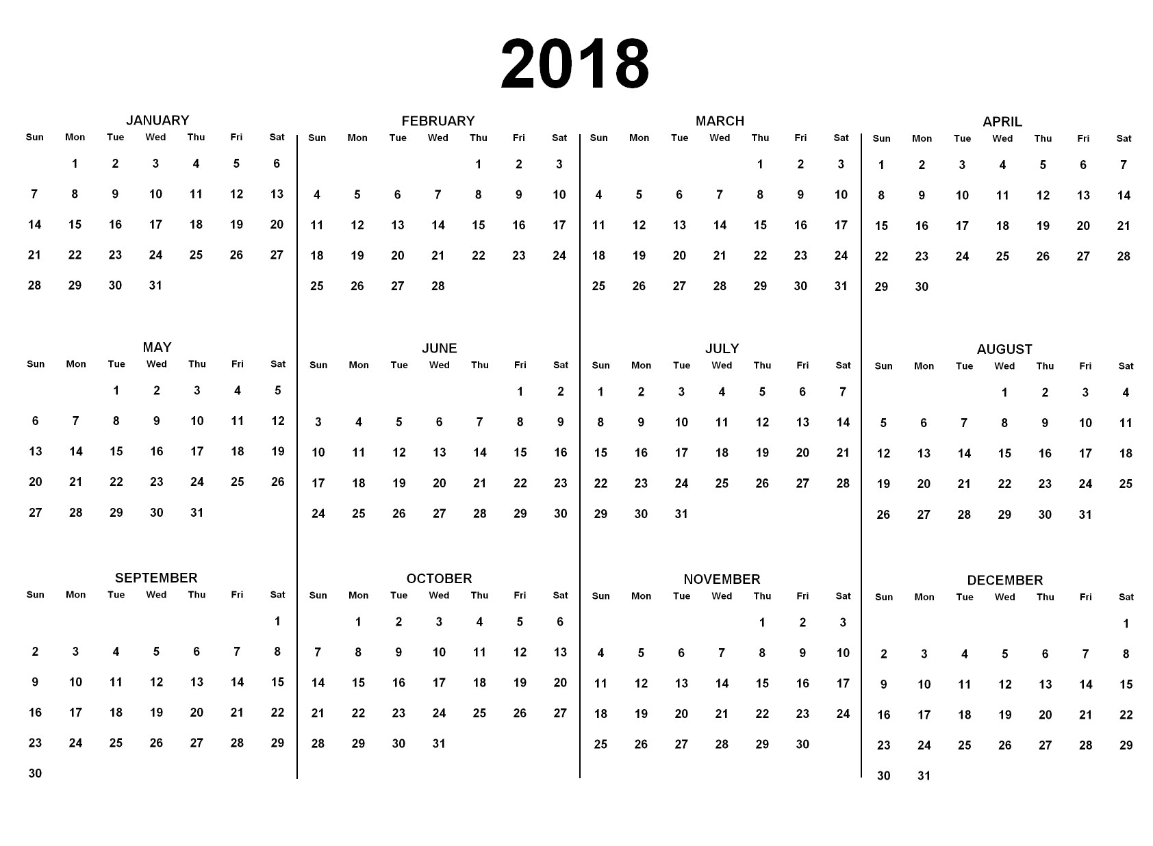 Eine Schwarz-Weiß-Seite aus einem 2018er Kalender, die die Feiertage der USA in fetter schwarzer Schrift auf einem weißen Hintergrund anzeigt, wobei die Tage in wöchentliche Reihen unterteilt sind.