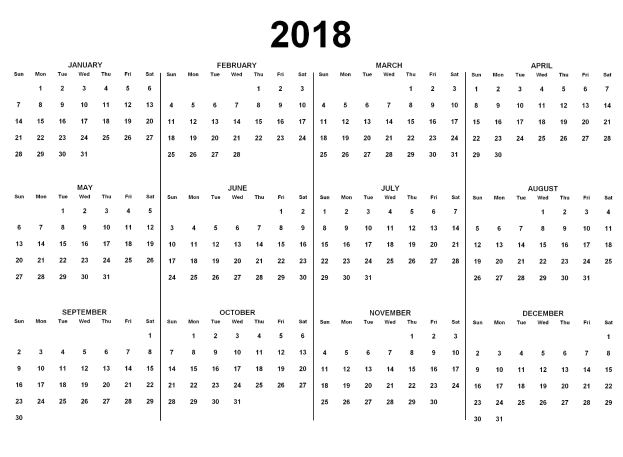 Eine Schwarz-Weiß-Seite aus einem 2018er Kalender, die die Feiertage der USA in fetter schwarzer Schrift auf einem weißen Hintergrund anzeigt, wobei die Tage in wöchentliche Reihen unterteilt sind.