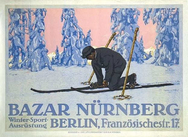 Plakat für Bazar Nürnberg Winter Sport in Berlin, Deutschland, das eine Person beim Skifahren mit Bäumen im Hintergrund und Veranstaltungseinzelheiten zeigt.