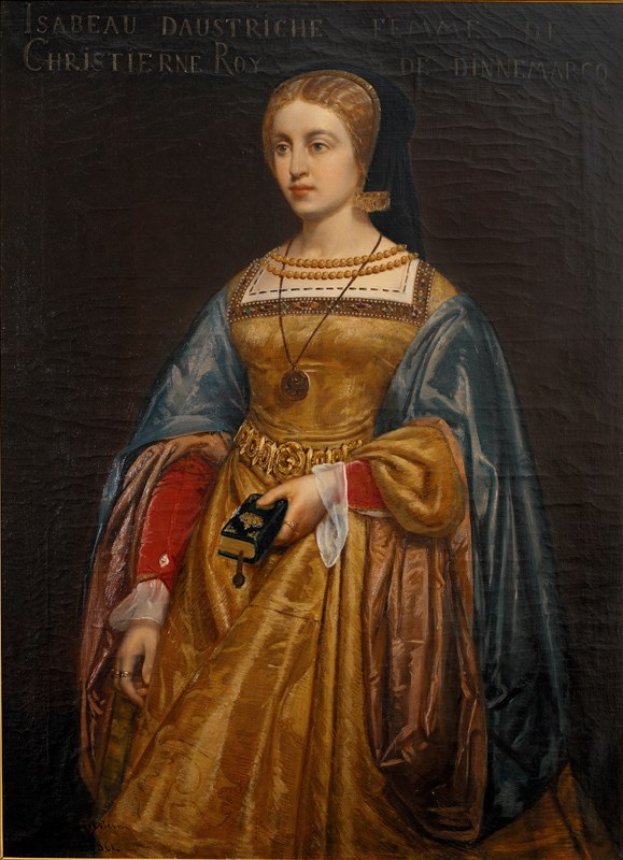 Gemälde von Isabella daustriche in einem goldenen Kleid mit feinen Details, ihre Haare zu einem Dutt gebunden, von Christierne Roy, das eine friedliche und würdige Miene zeigt.