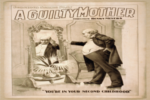 Plakat mit einem Mann, der vor einem Spiegel steht, einem Stuhl und einer Pflanze im Hintergrund, Text lautet "Eine schuldige Mutter - Du bist in deiner zweiten Kindheit".