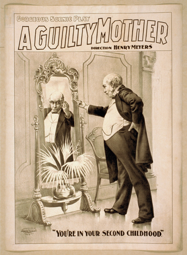 Plakat mit einem Mann, der vor einem Spiegel steht, einem Stuhl und einer Pflanze im Hintergrund, Text lautet "Eine schuldige Mutter - Du bist in deiner zweiten Kindheit".