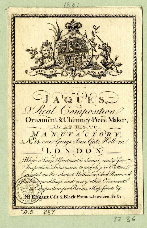 Ein Blatt Papier mit einer Werbung für ein Unternehmen, das ein Logo und Text enthält, neben einer alten Visitenkarte mit einem Wappen.