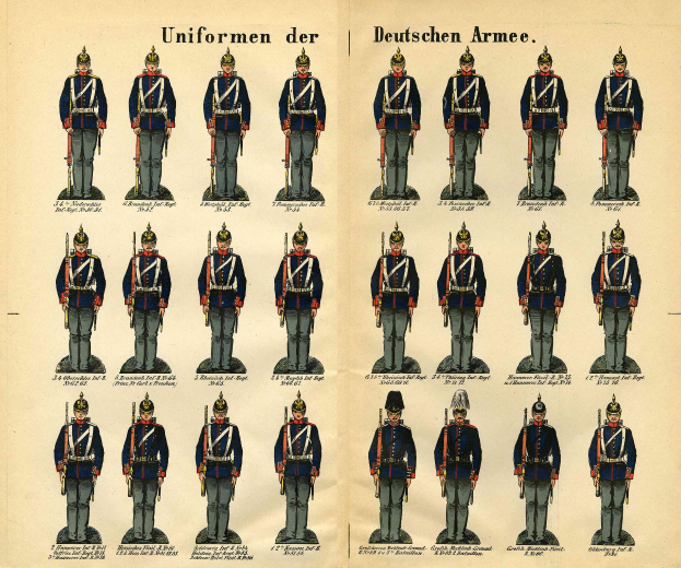 Ein Buch mit einem Raster verschiedener deutscher Armee-Uniformen in unterschiedlichen Farben und Mustern, begleitet von beschreibendem Text.