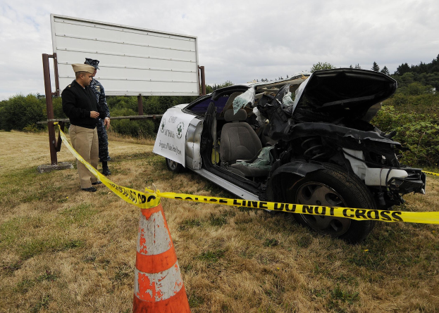 Ein Polizeibeamter in Uniform steht neben einem schwer beschädigten Auto auf der Straße, mit eingedellter Motorhaube und zersplitterten Fenstern, neben einer Verkehrskegel und einem markierten Pfahl, vor einem Hintergrund von Bäumen und einem bewölkten Himmel.
