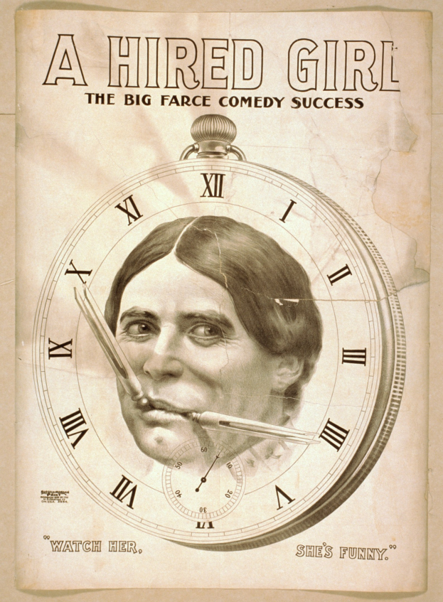 Plakat für "Eine angestellte Frau: Der große Farce-Comedy-Erfolg" mit einer Person mit entschlossener Miene und einer Uhr im Hintergrund.