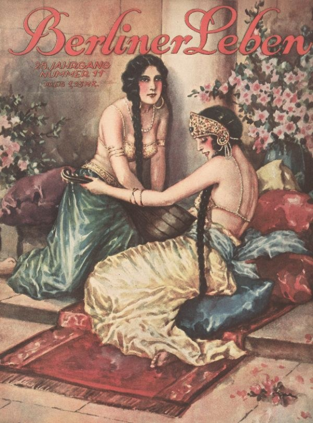 Plakat mit zwei Frauen auf einem Bett umgeben von Kissen und Pflanzen mit Blumen, betitelt mit "Berliner Leben Magazin-Cover aus Oktober 1931".