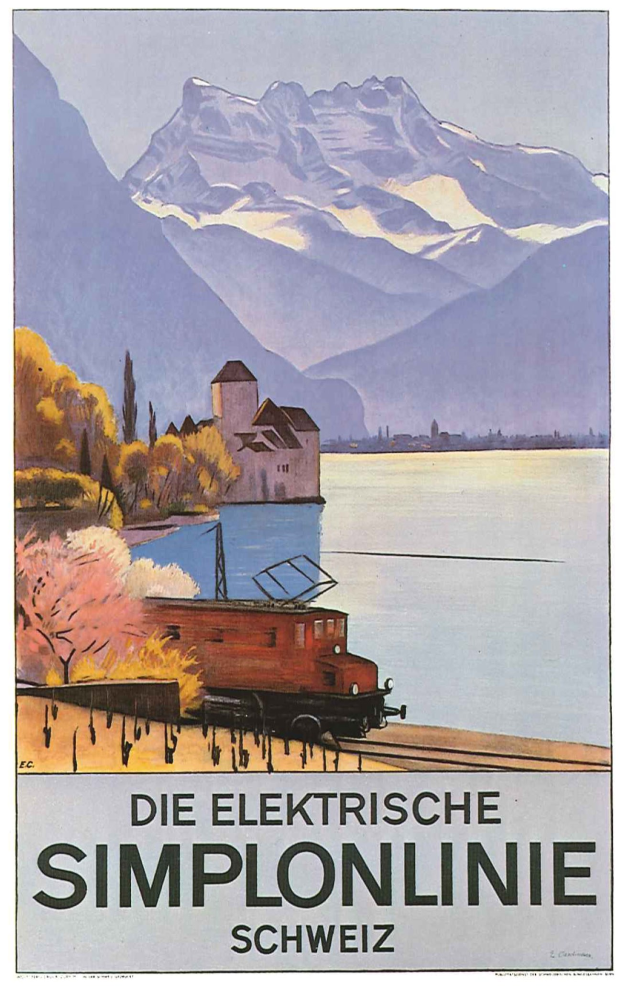 Plakat für Schweizerische Bundesbahnen mit einem Zug auf Schienen neben einem See, umgeben von Bäumen, einem Gebäude und Bergen im Hintergrund.