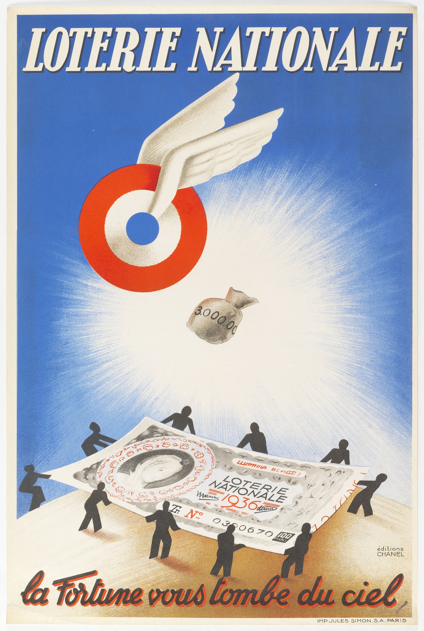 Plakat für eine nationale Lotterie mit einem Vogel, der über einen Geldhaufen fliegt und Werbetext.