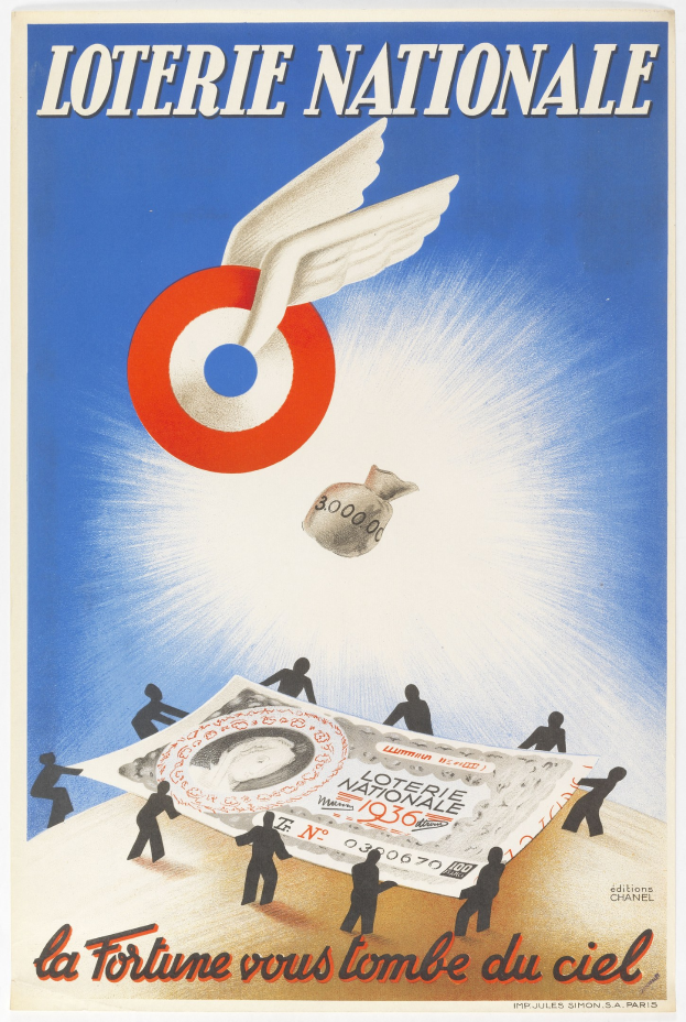 Plakat für eine nationale Lotterie mit einem Vogel, der über einen Geldhaufen fliegt und Werbetext.
