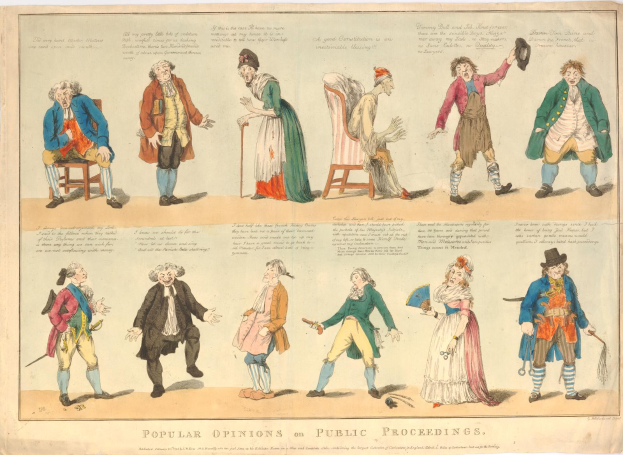 Eine Zeitung mit Bildern von Menschen und Text, der über populäre Meinungen zu öffentlichen Verhandlungen diskutiert.