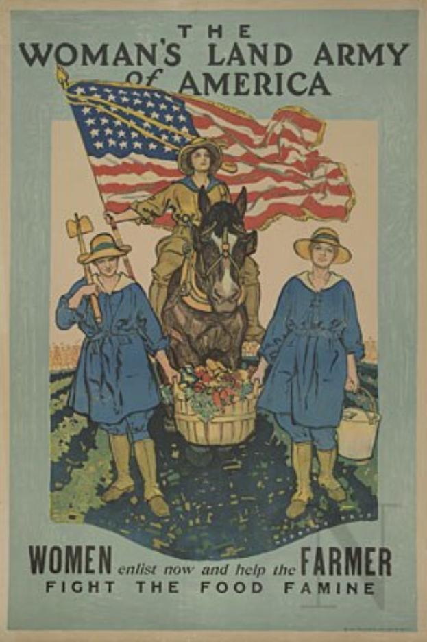 Plakat, das eine Frau in Uniform der Landfrauen auf einem Pferd zeigt, eine Fahne hält, mit zwei Frauen davor, die Körbe mit Essen halten, und Text, der Frauen dazu aufruft, die Nahrungsmittelknappheit anzugehen.