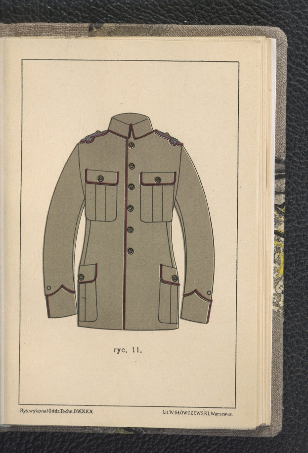 Offenes Buch mit einer detaillierten Zeichnung einer Militäruniform mit einem Gürtel und einer Schnalle, betitelt "Militäruniform".