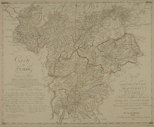 Ein detailliertes altes Tyroler Stadtplan von Deutschland, das Städte, Ortschaften, geografische Merkmale und Text mit Informationen über Bevölkerung, Straßen und Sehenswürdigkeiten zeigt.
