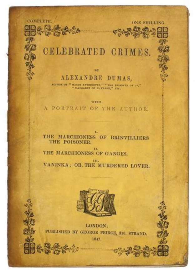 Ein altes Buch namens "Feierliche Verbrechen" von Alexandre Dumas mit einem Porträt des Autors und verzierten Texten auf dem Cover.